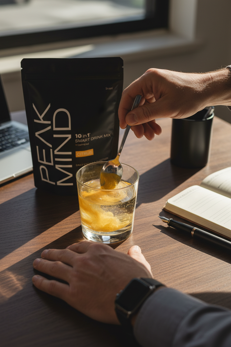 Male hands stirring Peak Mind with professional background