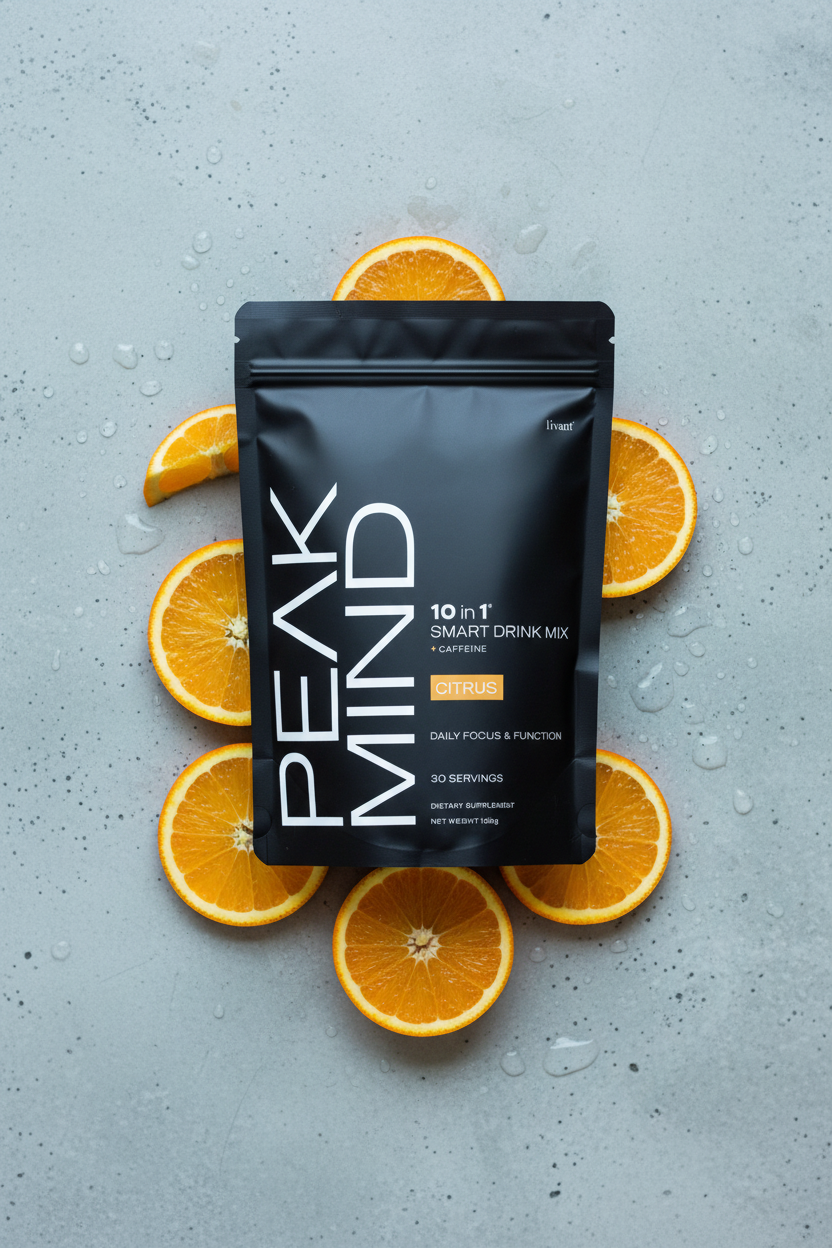 Peak Mind with orange slices on concrete